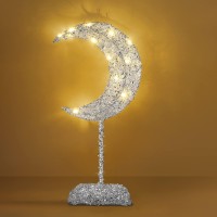 Lewondr Decorative Table Lamp, Battery Powered Moon Shape Ramadan Desk Lamp, Warm White Bright Led Light Winding Iron Frame Christmas Xmas Home Bedroom Romantic Bedside Desktop Nightstand, Silver