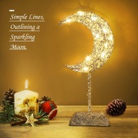 Lewondr Decorative Table Lamp, Battery Powered Moon Shape Ramadan Desk Lamp, Warm White Bright Led Light Winding Iron Frame Christmas Xmas Home Bedroom Romantic Bedside Desktop Nightstand, Silver