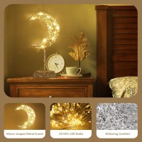 Lewondr Decorative Table Lamp, Battery Powered Moon Shape Ramadan Desk Lamp, Warm White Bright Led Light Winding Iron Frame Christmas Xmas Home Bedroom Romantic Bedside Desktop Nightstand, Silver