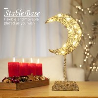 Lewondr Decorative Table Lamp, Battery Powered Moon Shape Ramadan Desk Lamp, Warm White Bright Led Light Winding Iron Frame Christmas Xmas Home Bedroom Romantic Bedside Desktop Nightstand, Silver