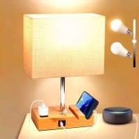 Bedside Lamp For Bedroom Fully Dimmable, Table Lamp With Type C & Usb Port, Nightstand Lamp With Charging Station Ac Outlet, Modern Table Lamps For Living Room With Phone Stands( Led Bulb Included)