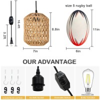 Eyassi Plug In Pendant Light With Led Bulb, Rattan Hanging Lamp With 16Ft Dimmable Cord, Hand Woven Wicker Plug In Chandelier, Boho Hanging Lights Fixture With Plug In Cord For Bedroom Hallway Foyer