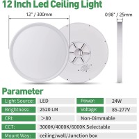 12 Inch Led Flush Mount Ceiling Light 24W 2520Lm 3000K4000K6000K Cct Selectable Round Flat Panel Light Low Profile Ceiling