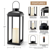 Outdoor Candle Lantern Large 18 Inch Tall Solar Powered Black Metal Open Frame No Glass Dusk To Dawn Timer Decorative