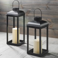 Outdoor Candle Lantern Large 18 Inch Tall Solar Powered Black Metal Open Frame No Glass Dusk To Dawn Timer Decorative