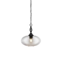 Elegant Pendant Shown In Matte Black Finish With 12 Micro Bubble Ribbed Glass