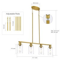 Kpiok Kitchen Island Lighting 4Light Dining Room Light Fixtures Over Table Gold Linear Chandelier For Dining Room Hanging Pen