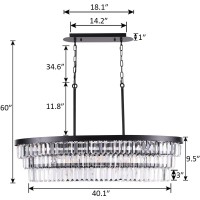 Tochic Chandelier 40 Inch, Farmhouse Black Crystal Chandelier, Kitchen Island Lighting, Dining Room Light Fixture For High Ceiling, Modern Linear Oval Chandeliers For Living Room, Office Area, Bar