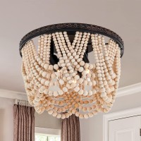 Boho Wood Beaded Chandelier, Bohemia 3 Lights Flush Mount Ceiling Light Fixtures With Engraving Pattern, Farmhouse Chandeliers For Living Room Passway Foyer Entryway Hallway Nursery, Oil Rubbed Bronze