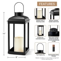 Outdoor Candle Lantern Solar Powered 15 Inch Tall Black Metal Open Frame No Glass Dusk To Dawn Timer Decorative Large L