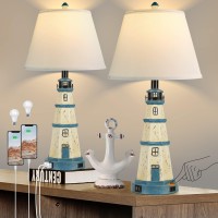 Table Lamps Set Of 2, 3-Way Dimmable Bedside Lamps With Dual Usb Charging Ports, Modern White Blue Lighthouse Touch Control Nightstand Lamps For Living Bedroom, Bulbs Included