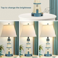 Table Lamps Set Of 2, 3-Way Dimmable Bedside Lamps With Dual Usb Charging Ports, Modern White Blue Lighthouse Touch Control Nightstand Lamps For Living Bedroom, Bulbs Included