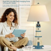 Table Lamps Set Of 2, 3-Way Dimmable Bedside Lamps With Dual Usb Charging Ports, Modern White Blue Lighthouse Touch Control Nightstand Lamps For Living Bedroom, Bulbs Included