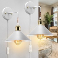 Kewanno Plug In Wall Sconces, 2Pack Vinatge Wall Lamp With Plug In Cord, Wall Sconces With Plug In Cord On/Off, E26 Modern Wall Light Fixture (White)