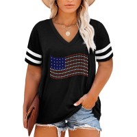 Happy Sailed Womens Plus Size American Flag Graphic Tops Oversized V Neck Striped Short Sleeve Basic Tshirts,3X Black