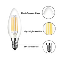 E14 Led Bulb Dimmable 40W Equivalent 3000K Soft White, E14 European Candelabra Base Light Bulbs, Clear Glass Torpedo Shape, 6 Pack