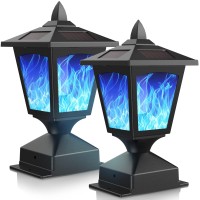 Solar Post Flame Light,Outdoor Deck Fence Post Cap Led Light,Waterproof 4X4 5X5 6X6 Black Post Top Solar Powered Light With Flickering Flame For Garden Outside,2 Pack, Black-Blue Light