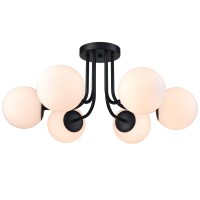 Shawnkey Modern 6Light Black Metal Ceiling Light With Globe White Glass Shade Semi Flush Mount Ceiling Light For Living Room Be