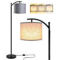 Rottogoon Floor Lamp With 3Cct Led Bulb, Gray Linen Lamp Shade For Living Room, Modern Standing Lamp For Bedrooms - Black