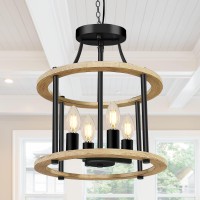 Farmhouse Kitchen Light Fixtures,4-Light Rustic Pendant Hanging Light Adjustable Height Max 68In,Vintage Wood Semi Flush Mount Ceiling Light Fixture For Dining Room Hallway Entryway Foyer