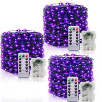 3 Set Halloween String Lights With Timer, Waterproof, Remote,8 Modes,Purple Battery Powered Copper Wire Fairy Lights, Halloween Decoration Outside Yard Party Home Indoor Outdoor, 20 Ft 60 Led Each