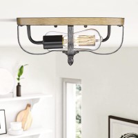 Redeast Farmhouse Flush Mount Lights, Industrial Close To Ceiling Light, Flush Mount Lighting Fixture For Porch Hallway Kitchen Bedroom (Wood Painted + Black Brushed Grain)