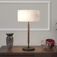 Hennhart 25 Tall 2Light Table Lamp With Fabric Shade In Blackened Bronzerustic Oakwhite Lamp Desk Lamp For Home Or Offic