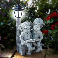 Reading Boy And Girl Statue With Solar Light, Garden Weatherproof Ornament H52 Xw25 Xd23Cm