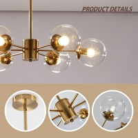 Kco Lighting Modern 6-Light Sputnik Chandelier With Clear Glass Globe Mid Century Adjustable Ceiling Pendant Light Gold Brass Flush Mounted Fixture