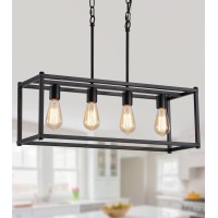 Amzasa Black Rectangle Island Lighting Rectangular Modern Industrial Chandelier 4 Lights Linear Vintage Cage Light Fixtures For