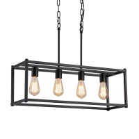 Amzasa Black Rectangle Island Lighting Rectangular Modern Industrial Chandelier 4 Lights Linear Vintage Cage Light Fixtures For