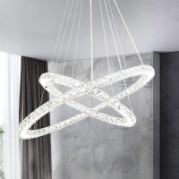 Modern Crystal Chandeliers 2 Ring Led Chandelier Light Fixture Pendant Light Dimmable Circle Chrome Dinging Room Light Fixtures Over Table Living Room Kitchen Island