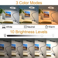 4.7In Ring Lamp Clip On Led Light, 8W Usb Desk Lamp With 3 Color Modes 10 Level Brightness, 360Flexible Gooseneck, Eye-Caring Clamp Lamp For Home Office Desk Headboard Video Conferencing(White)