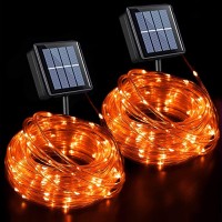 Qitong 2 Pack Orange Solar Rope Lights Outdoor Waterproof Each 33Ft 100 Led Halloween Solar Lights 8 Modes Clear Pvc Tube Hall