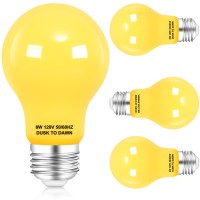 Ganiude Dusk To Dawn Bug Light Bulbs Outdoor, 8W E26 Base Yellow Light Bulb, Photocell Sensor Led, Auto On/Off, 2000K Amber Glow, A19 800Lm Bulb For Garage, Patio, Porch, Pack Of 4