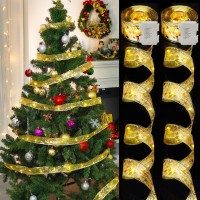 Homemory 2 Pack Gold Christmas Ribbon Fairy Lights,100 Led Lights Battery Powered Copper Fairy Strings Lights,Ribbon Bows Lights For Weddings New Year Christmas Tree Decorations ( 32Ft, 2X16Ft)