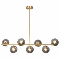 Kco Lighting Mid Century Modern Globe Sputnik Chandelier Gold Brass Linear Pendant Hanging Light Fixture 7-Light Smoke Glass Sphere Chandelier Kitchen Island Dining Room Chandelier