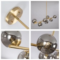 Kco Lighting Mid Century Modern Globe Sputnik Chandelier Gold Brass Linear Pendant Hanging Light Fixture 7-Light Smoke Glass Sphere Chandelier Kitchen Island Dining Room Chandelier