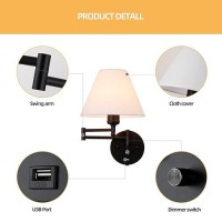 Swing Arm Wall Sconces Plugin Wall Lamp Bedroom Wall Lamp White Fabric Shade With Dimmable Switch And Usb Charging Port Su