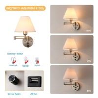 Swing Arm Wall Sconces Plugin Wall Lamp Bedroom Wall Lamp White Fabric Shade With Dimmable Switch And Usb Charging Port Su