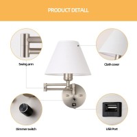 Swing Arm Wall Sconces Plugin Wall Lamp Bedroom Wall Lamp White Fabric Shade With Dimmable Switch And Usb Charging Port Su