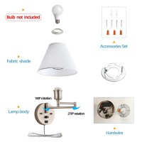 Swing Arm Wall Sconces Plugin Wall Lamp Bedroom Wall Lamp White Fabric Shade With Dimmable Switch And Usb Charging Port Su