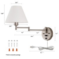 Swing Arm Wall Sconces Plugin Wall Lamp Bedroom Wall Lamp White Fabric Shade With Dimmable Switch And Usb Charging Port Su