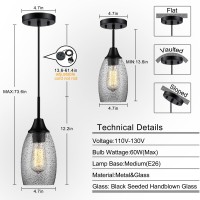 Viinew Mini Glass Pendant Light 3Pack 472 Handblown Clear Industrial Black Seeded Glass Shade Adjustable Cord Ceiling Light