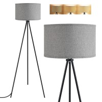 Boostarea Floor Lamp For Living Room, Tripod Floor Lamp, 15W Led Bulb, 3 Levels Dimmable Brightness, Gray Linen Lamp Shade, Mid Century Standing Lamp For Living Room, Bedroom, Study Room And Office