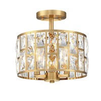 Mexo Gold Finish 3Lt Crystal Semi Flush Mount Ceiling Light Fixture Cylinder Drum Shade Close To Ceiling Perfect For Kitchen