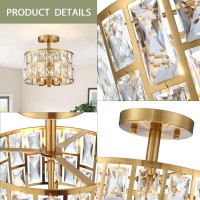 Mexo Gold Finish 3Lt Crystal Semi Flush Mount Ceiling Light Fixture Cylinder Drum Shade Close To Ceiling Perfect For Kitchen