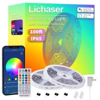 Lichaser 100Ft Outdoor Led Strip Lights Waterproof, 12V Rgb Led Light Strips Compatible With Alexa And Google Assistant, Smart Color Changing App And Remote Control Led Room Lights For Patio, Bedroom