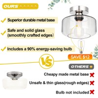 Industrial Semi Flush Mount Ceiling Light Brushed Nickel, 900 Lumen Led Bulb Included, Clear Glass Shade Ceiling Light Fixture, Farmhouse Light Fixture For Hallway Corridor Kitchen Bathroom Bedroom