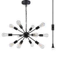 Jacklove 12-Lights Plug In Chandelier,Black Metal Hanging Lights With 16.4Ft On/Off Cord,Mid Century Industrial Sputnik Chandelier For Kitchen Dining Living Room Bedroom Lighting